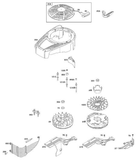 C - Alloggiamento ventola, coperchio/protezioni, volano, dispositivo di avviamento a riavvolgimento B&S - 12 €¦ 12Q902-0154-B1 brand Stihl